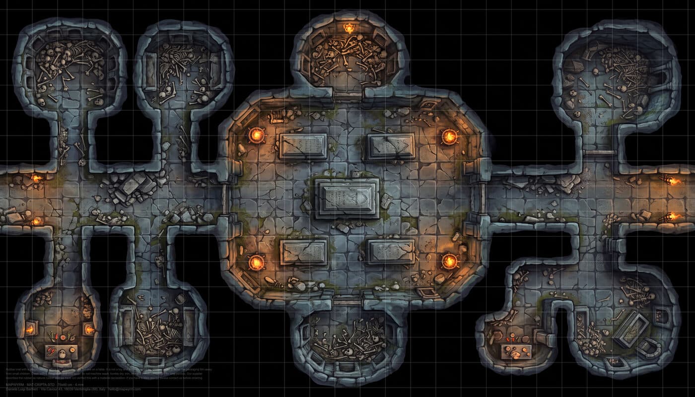 Crypt of the Fallen King: Wet stone, spent torches, sarcophagi