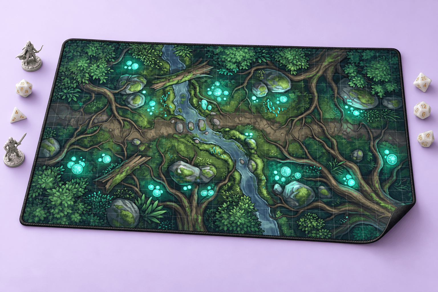 AI illustration of the Vhelt Forest mat on a lavender studio surface