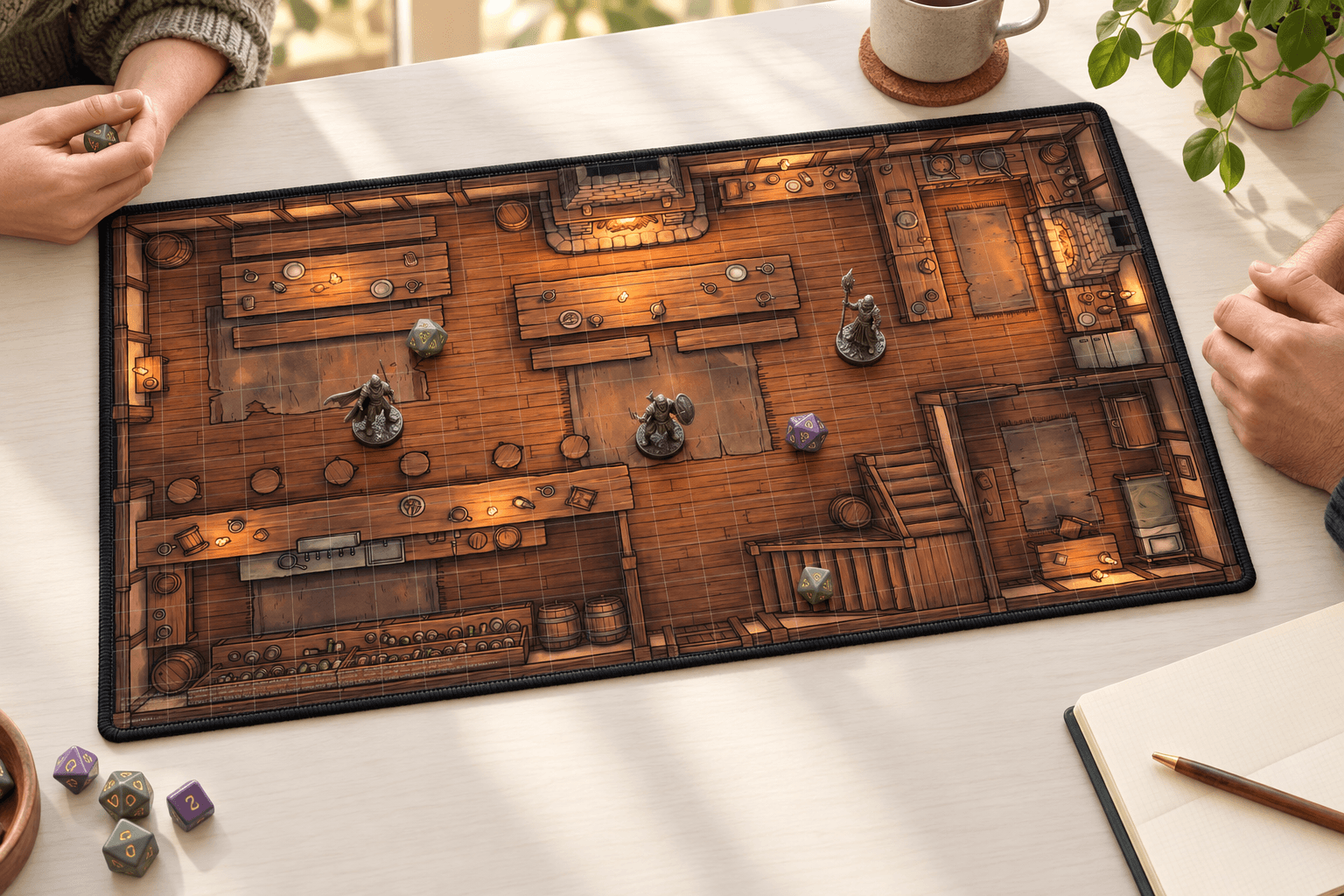 AI illustration of a daylight gaming session with the Griffon’s Tavern mat